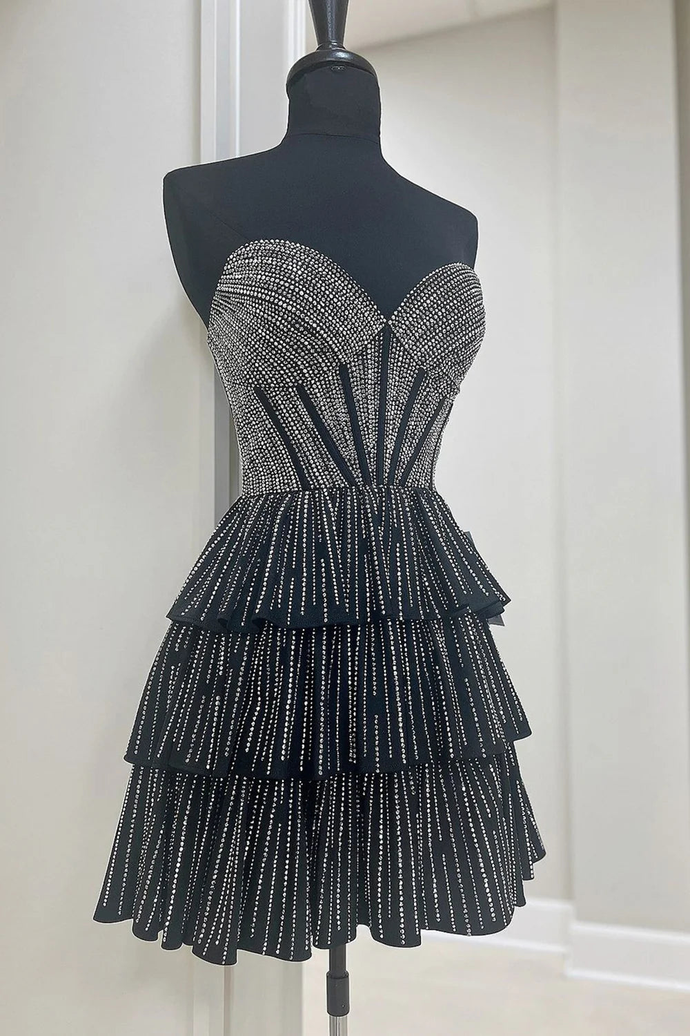 Luolandi A Line Beading Black Homecoming Dress Off Shoulder Short Sparkly Sexy Party Dress